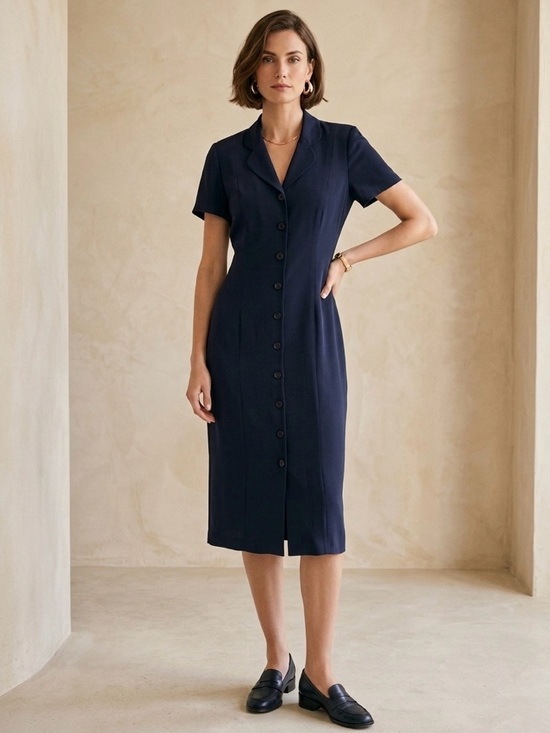 Vintage Dresses & Skirts - Vintage 90s Silk Button Up Dress Size 8 Navy Blue Talbots